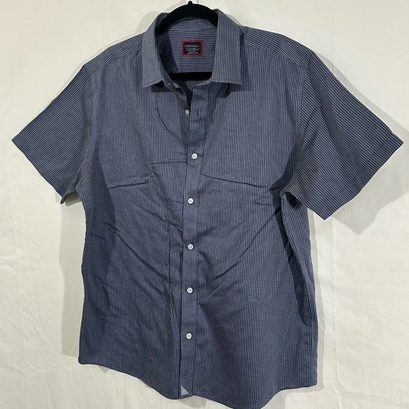 Untuckit Men’s Slim Fit Short Sleeve Shirt - Navy Pinstripe - Size Large - Picture 2 of 5